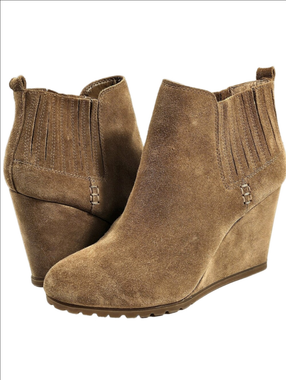 Gianni Bini Camel Tan Suede Leather Almond Toe Pull On Wedge Heel Ankle Boot
